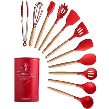 Kit C/12 Peças Utensílios De Cozinha Colheres Espatula Silicone Cabo Madeira Decoração Livre BPA - 3