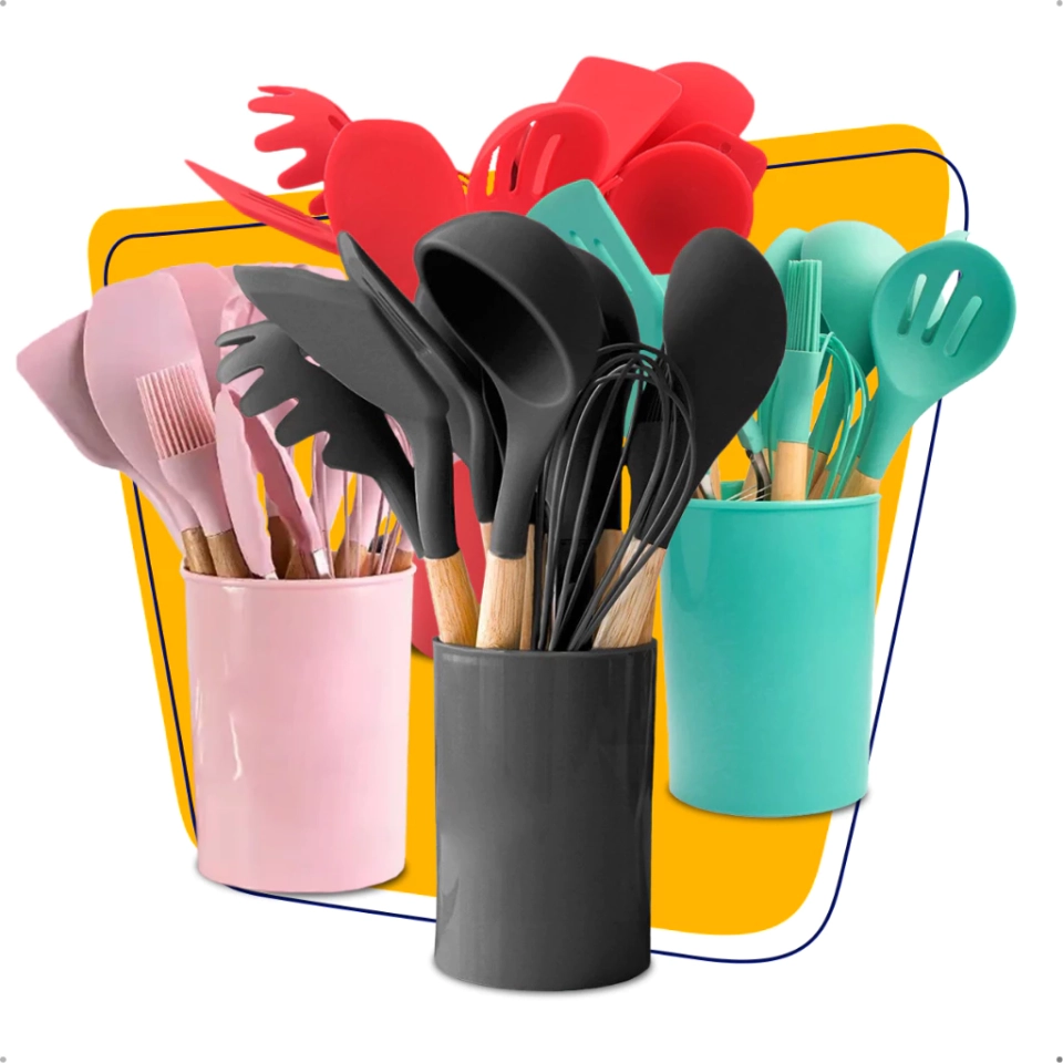 Kit C/12 Peças Utensílios De Cozinha Colheres Espatula Silicone Cabo Madeira Decoração Livre BPA - 1