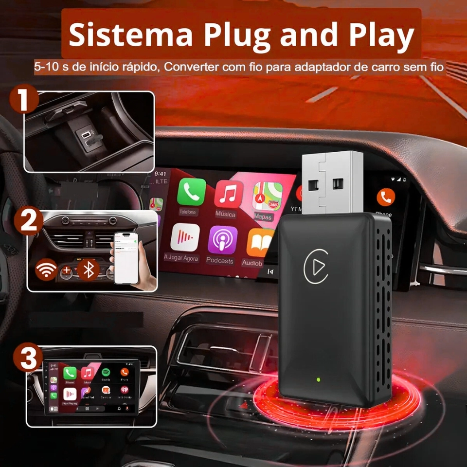 Carplay Adaptador Sem Fio Car Play Android Auto 2 Em 1 Usb Car Play Wireless Automático - 2