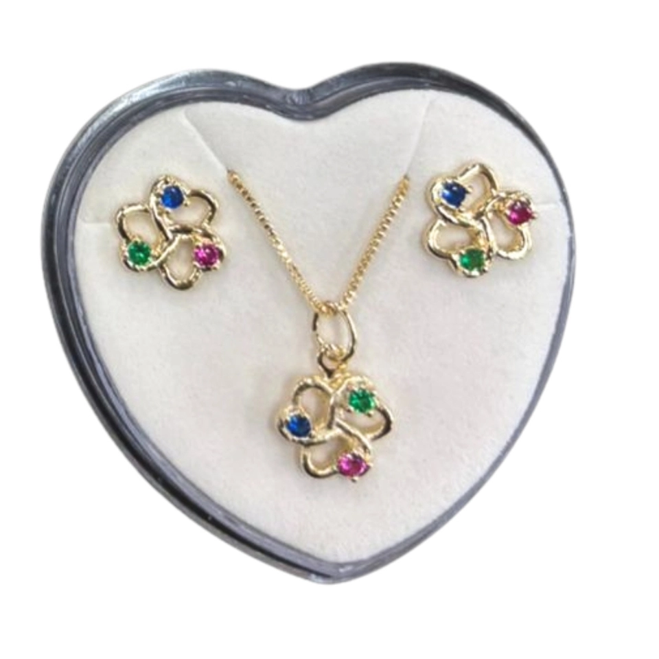 Conjunto Trevo Colorido – Colar e Brincos Banhados a Ouro 18k com Pedras Multicoloridas - imagem 4
