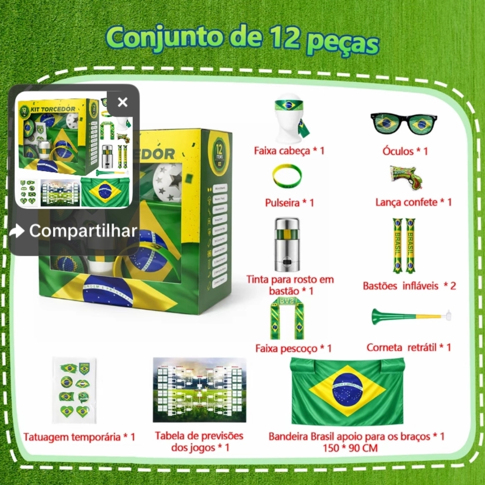 Kit Torcedor 12 Itens Completo Para Copa Do Mundo 2026 Torcida Seleção Brasileira Pulseira Corneta Bandeira Óculos - imagem 5