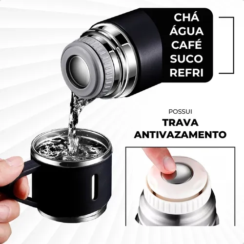 Garrafa Térmica Parede Dupla 500ml Antivazamento Aço Inox Com Kit 3 Xícara Café Agua Suco Bebidas Quentes E Frias - imagem 5