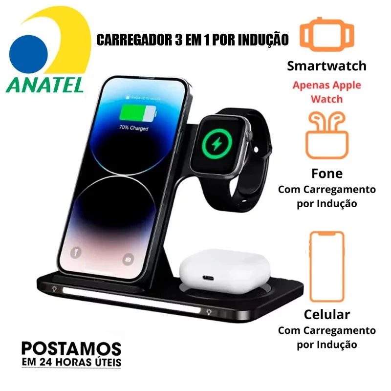 Suporte Carregador Indução Kaidi KNC-9097 Sem Fio 3 Em 1 Dock Station P/ Celular Smartwatch e Fone - imagem 2