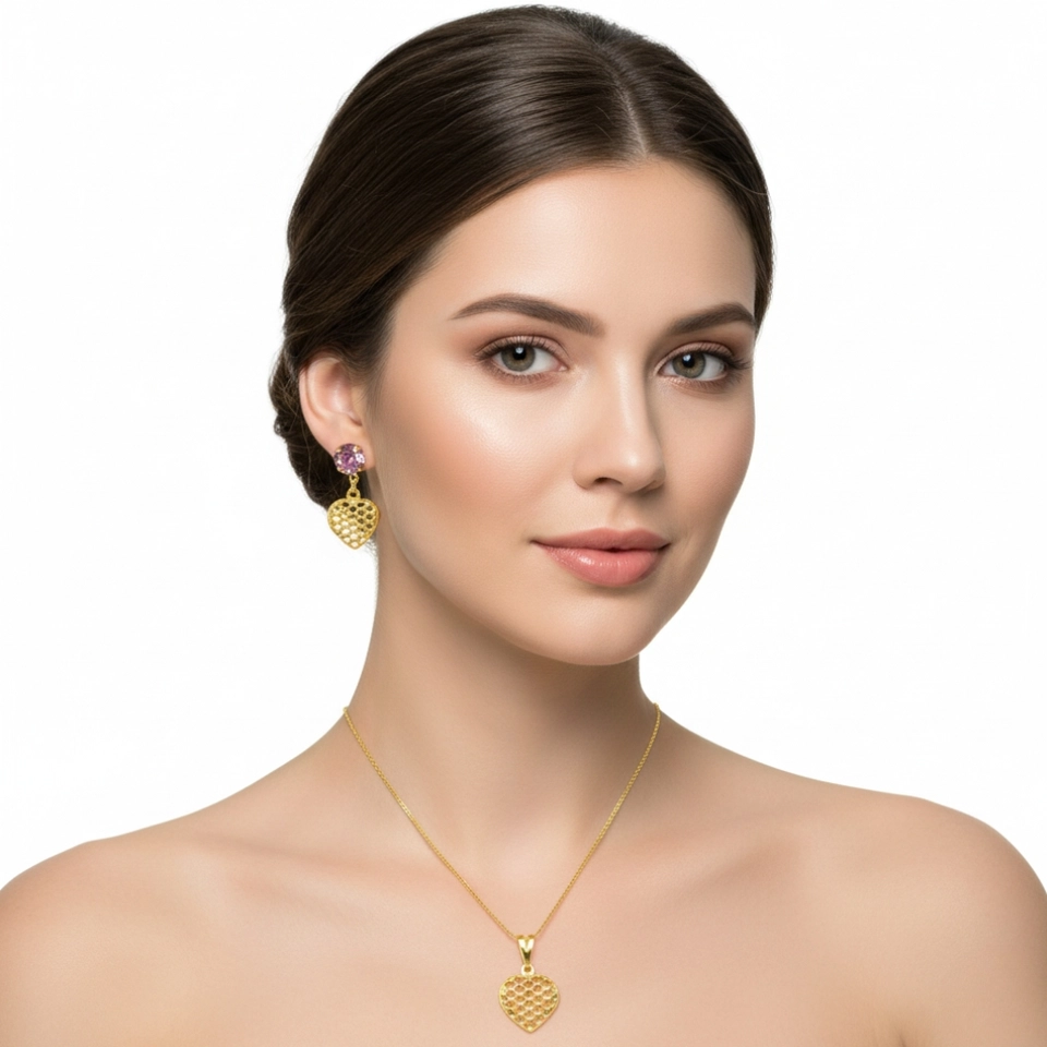 Conjunto Coração Luxo – Colar e Brincos Banhados a Ouro 18k com Pedra Roxa - imagem 2