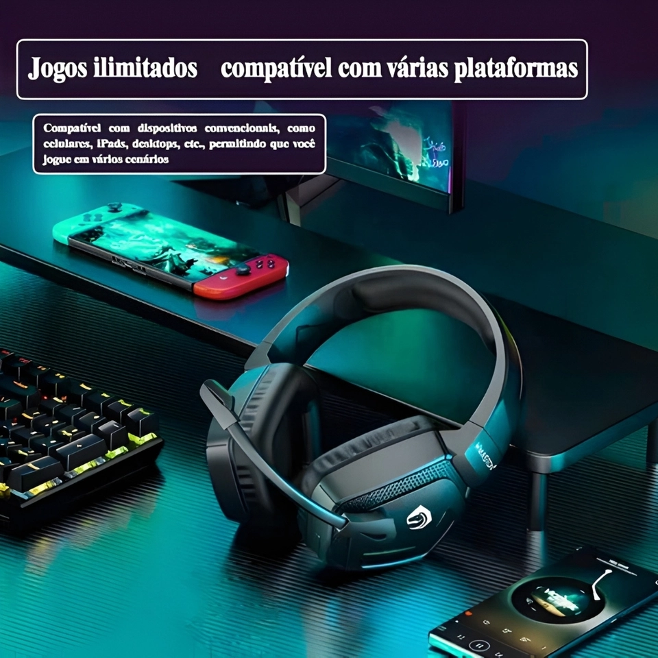 Fone Headset gamer sem fio Bluetooth Com Microfone Original H'maston SNS12 Luz RGB - 4