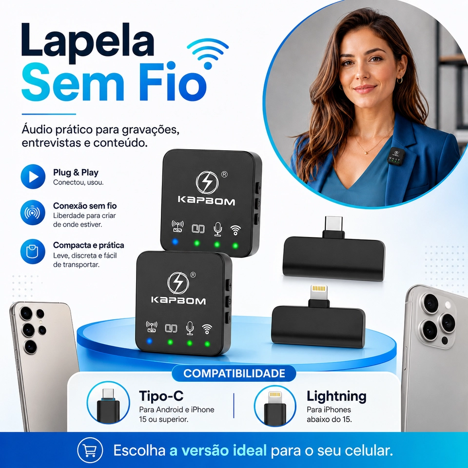 Microfone Lapela Sem Fio Profissional Wireless Quadrado Lightning ou typec KA-R10-TY-2in1 - 4