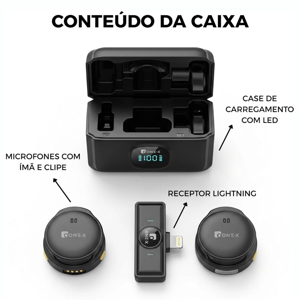 Microfone Lapela Redondo Sem Fio Com Case de Carregamento Duplo ONEX Profissional Portátil – Littjining Compatível com iPhone 5/6/7/8/9/X/XR/XS/11/12/13/14 - imagem 5