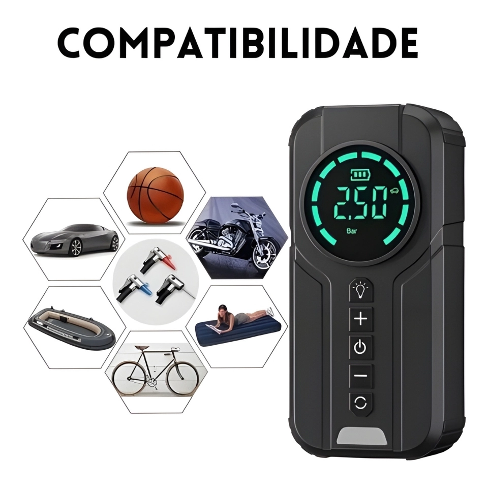 Bateria Auxiliar Portátil para Partida + Bomba de Ar com Rosca - Dupla Função - 3