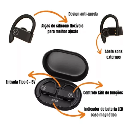 Fone Ouvido Bluetooth 5.3 Sport Orelhas Penduradas Sem Fio IPX5 A'GOLD FN-B21 Academia Corrida - 2