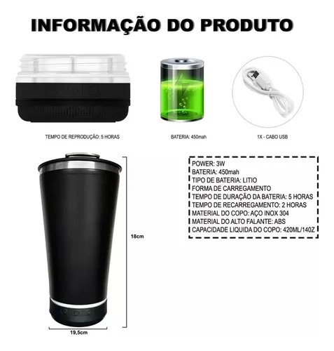 Copo Térmico Tampa Abridor Cerveja Caixa Som Bluetooth 473ml - imagem 4