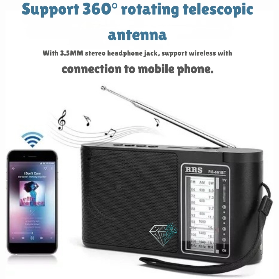 Rádio Portátil Bluetooth AM FM Caixa de Som Rádio Recarregável - 7