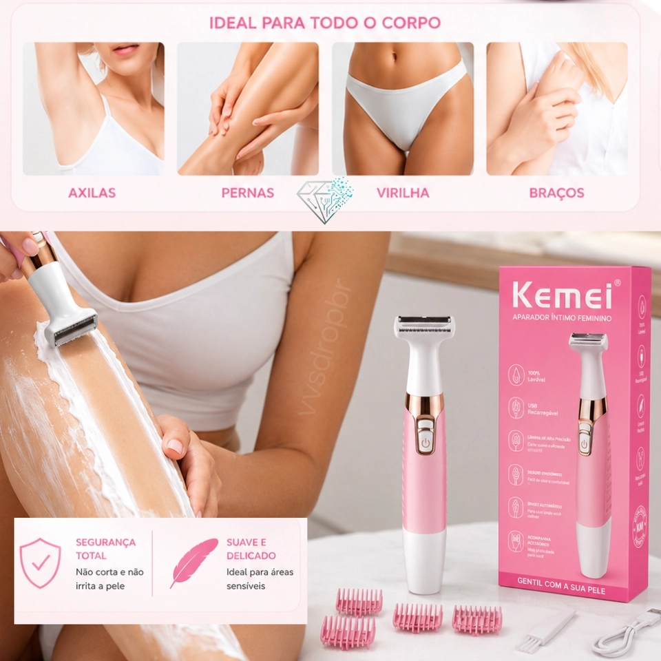Aparador de Pelos Feminino Kemei KM-1900 3W Recarregável, Lavável e Resistente à Água Sem Fio Portátil Bivolt - 6