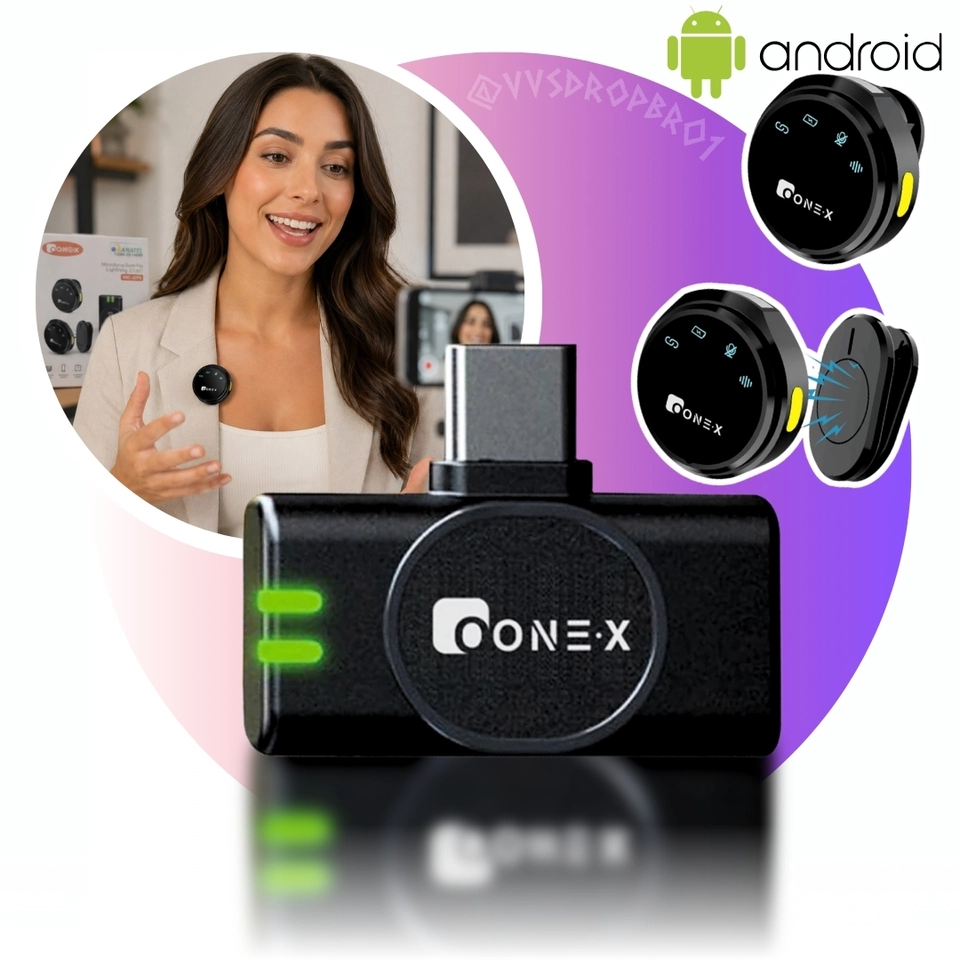Microfone Lapela Redondo Sem Fio Duplo ONEX Profissional Portátil com Imã Magnético e Redução de Ruído – Tipo-C Compatível com Android e iPhone 15/16/17 para Gravação, Lives e Vídeos - imagem 1