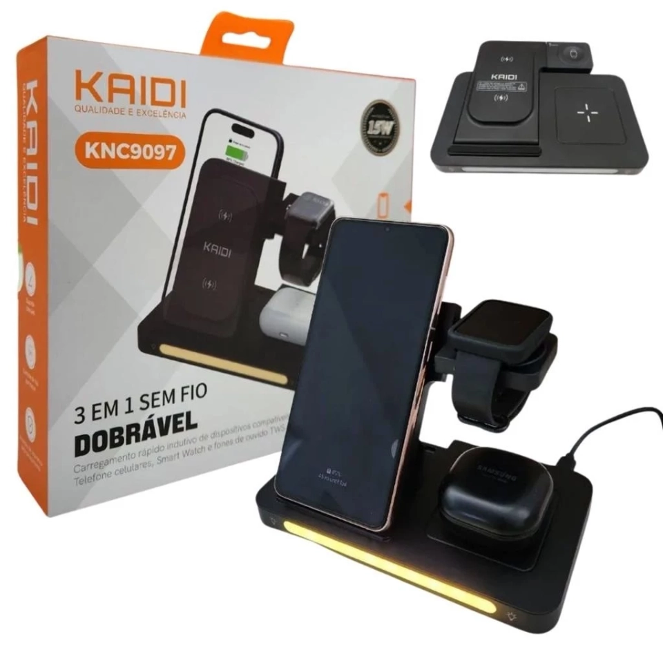 Suporte Carregador Indução Kaidi KNC-9097 Sem Fio 3 Em 1 Dock Station P/ Celular Smartwatch e Fone - imagem 1