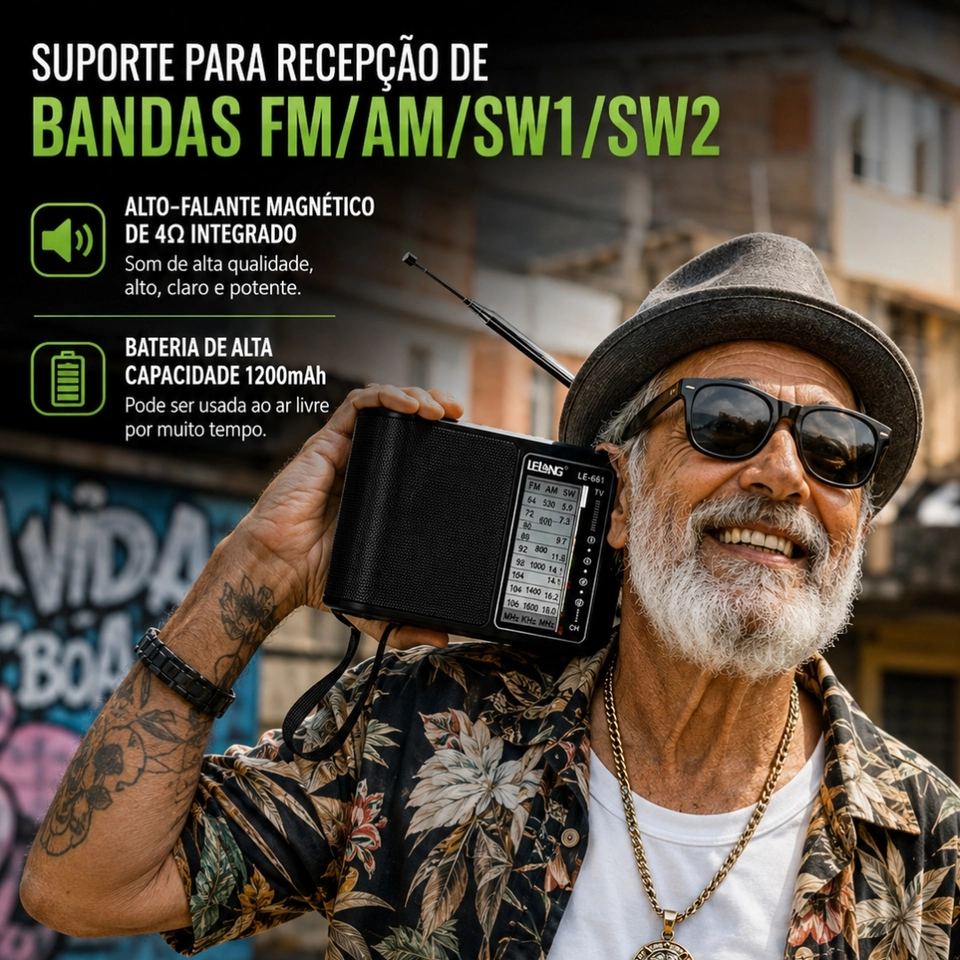 Rádio Portátil Bluetooth AM FM Caixa de Som Rádio Recarregável - imagem 2