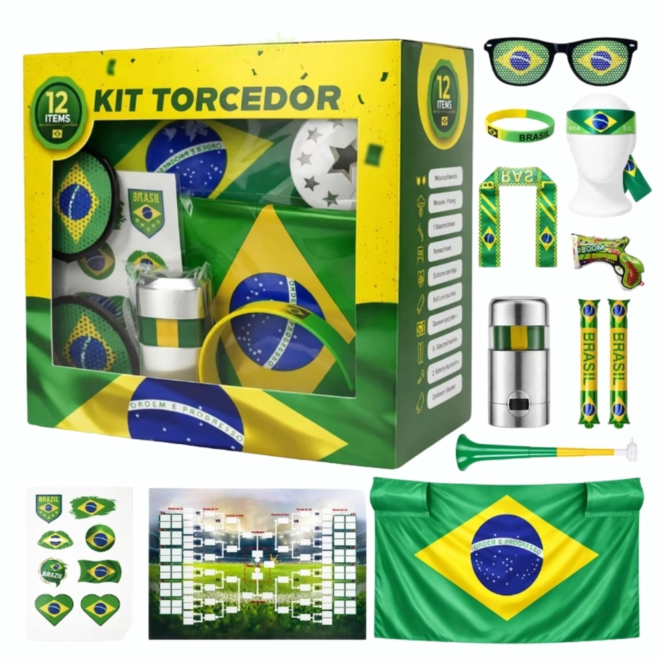 Kit Torcedor 12 Itens Completo Para Copa Do Mundo 2026 Torcida Seleção Brasileira Pulseira Corneta Bandeira Óculos - imagem 3