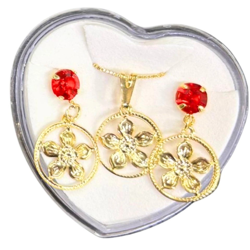 Conjunto Flor Radiante – Colar e Brincos Banhados a Ouro 18k com Pedra Vermelha e Detalhe Floral - imagem 3