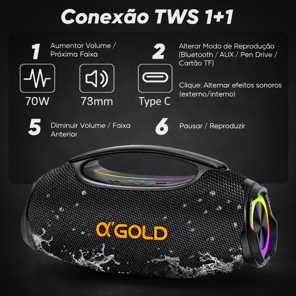 Caixa De Som Bluetooth 70w Rms Som Alto E Graves Potentes TWS IPX6 Aprova d'água - imagem 5