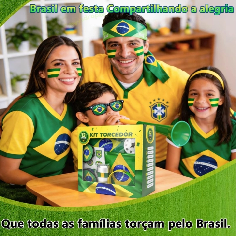 Kit Torcedor 12 Itens Completo Para Copa Do Mundo 2026 Torcida Seleção Brasileira Pulseira Corneta Bandeira Óculos - imagem 4