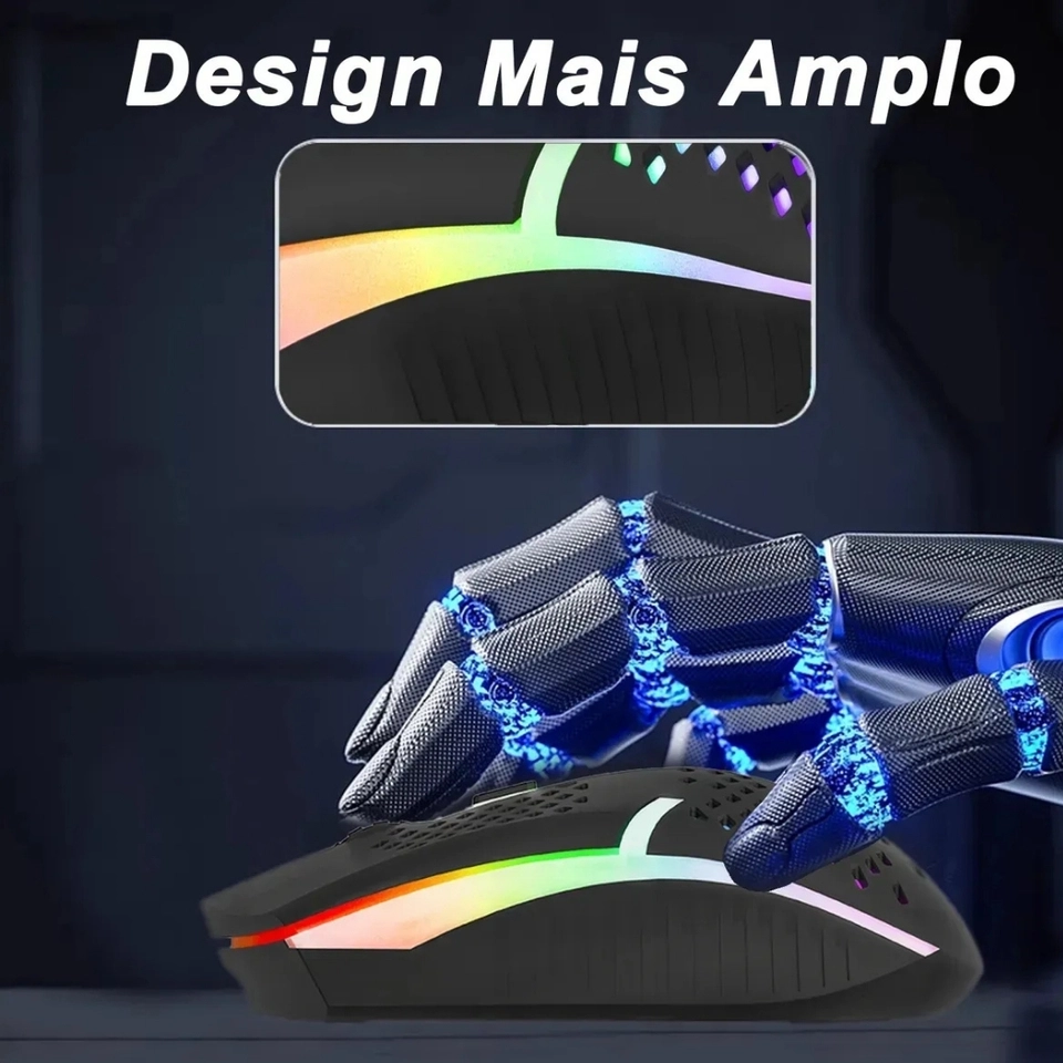 Mouse Gamer Sem Fio Recarregável com LED RGB, Bluetooth e Conexão 2.4 GHz Compatível - imagem 2