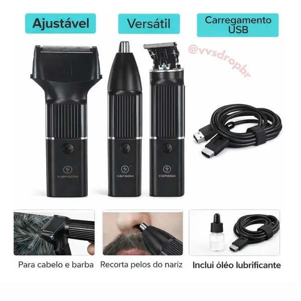 Aparador de Barba 3 em 1 Recarregável Bivolt Barbeador Ka-3698 Profissional - imagem 3