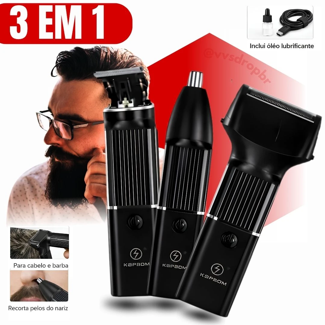 Aparador de Barba 3 em 1 Recarregável Bivolt Barbeador Ka-3698 Profissional - 1
