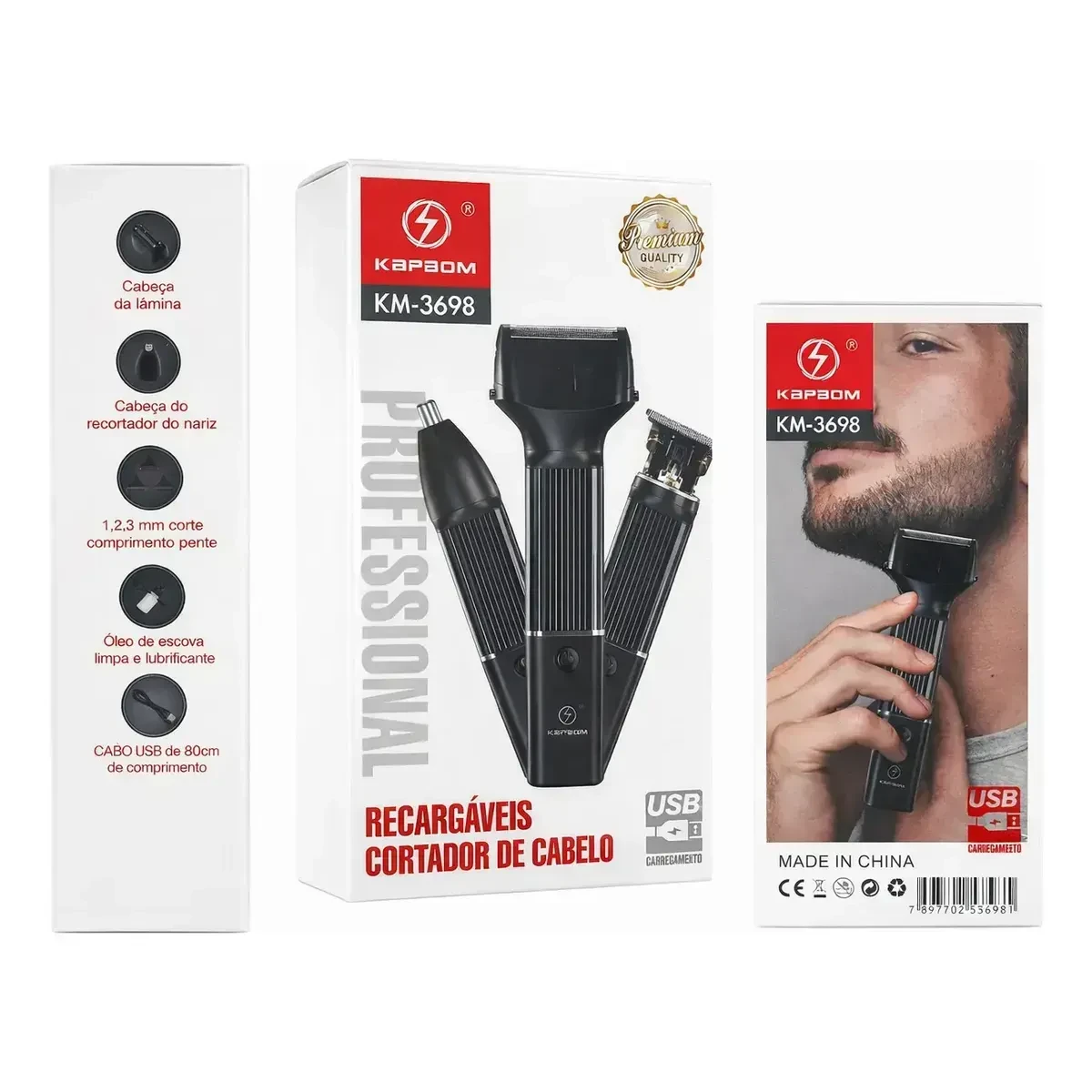 Aparador de Barba 3 em 1 Recarregável Bivolt Barbeador Ka-3698 Profissional - 6