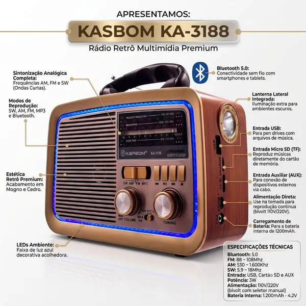 Rádio Retro FM AM Bluetooth USB Bateria Interna Kapbom - imagem 3