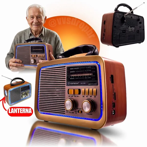 Rádio Retro FM AM Bluetooth USB Bateria Interna Kapbom - imagem 1