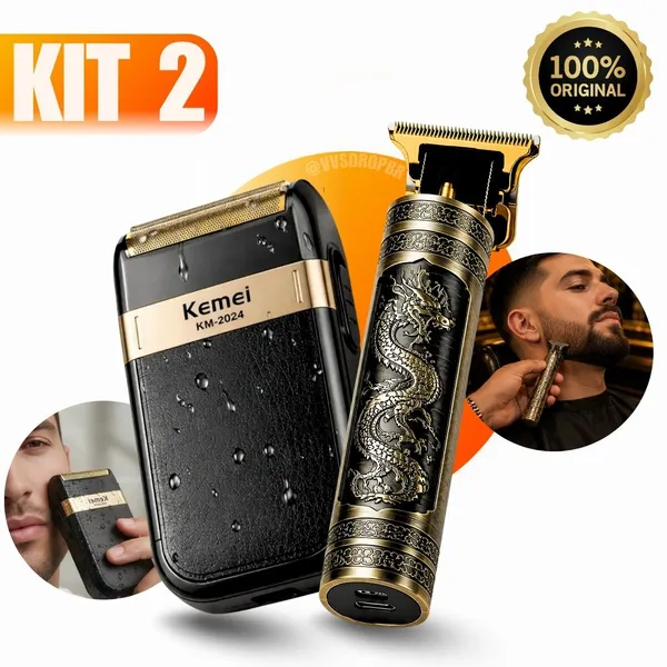 Kit Profissional Barbearia: Máquina Acabamento Dragão + Barbeador Shaver Kemei 2024 Bivolt - imagem 1