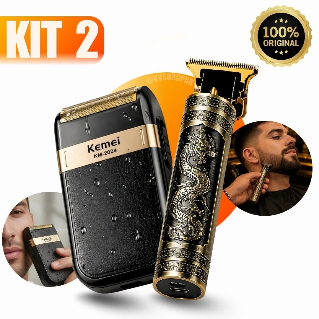 Kit Profissional Barbearia: Máquina Acabamento Dragão + Barbeador Shaver Kemei 2024 Bivolt - 1