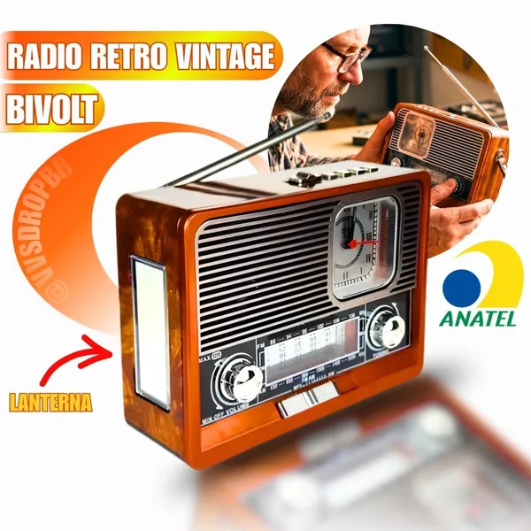 Radio Vintage Retro Am Fm Bluetooth Usb Sd Am Fm multimídia Carregador Placa Solar com Lanterna - imagem 1