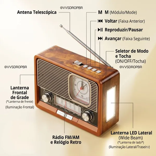 Radio Vintage Retro Am Fm Bluetooth Usb Sd Am Fm multimídia Carregador Placa Solar com Lanterna - imagem 3