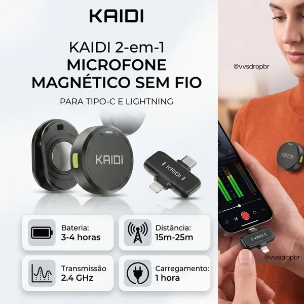 Microfone de lapela duplo redondo magnético Kaidi 2 em 1 iphone tipo c discreto entrevista podcast video - imagem 3