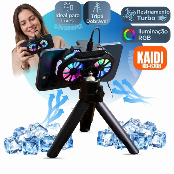 Suporte De Celular Com Cooler De Resfriamento Kaidi KD-6708 -Dobrável Para Telefone , Compatível Com Smartphones Mini Tripé e LED RGB - imagem 1