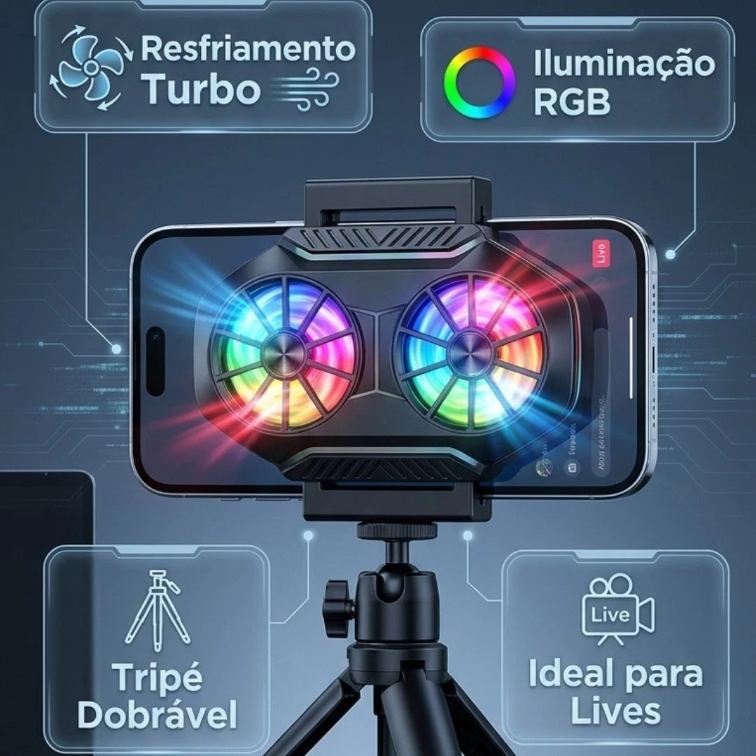 Suporte De Celular Com Cooler De Resfriamento Kaidi KD-6708 -Dobrável Para Telefone , Compatível Com Smartphones Mini Tripé e LED RGB - 4