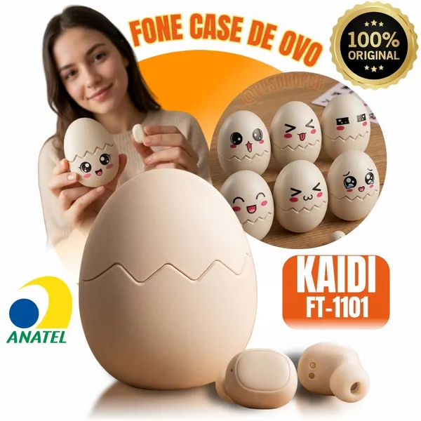 Fone de Ouvido Sem Fio TWS Formato Ovo FT-1101 + Adesivos - Som Hi-Fi - imagem 1