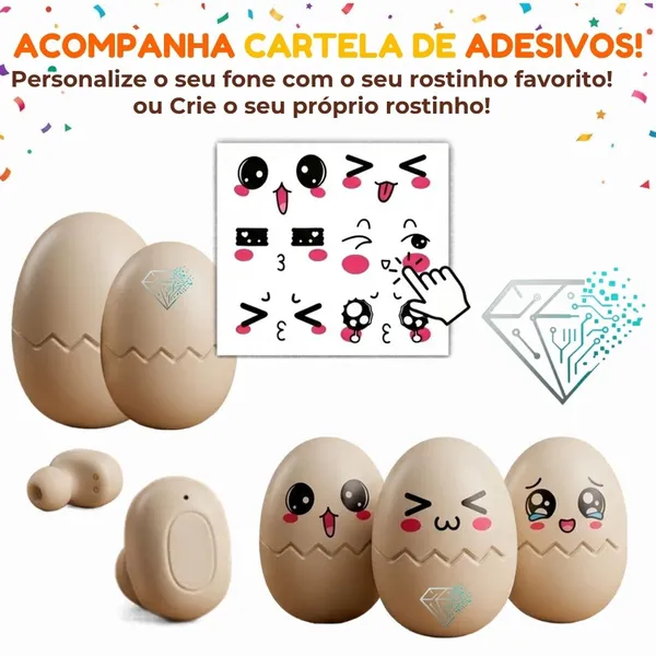 Fone de Ouvido Sem Fio TWS Formato Ovo FT-1101 + Adesivos - Som Hi-Fi - imagem 4