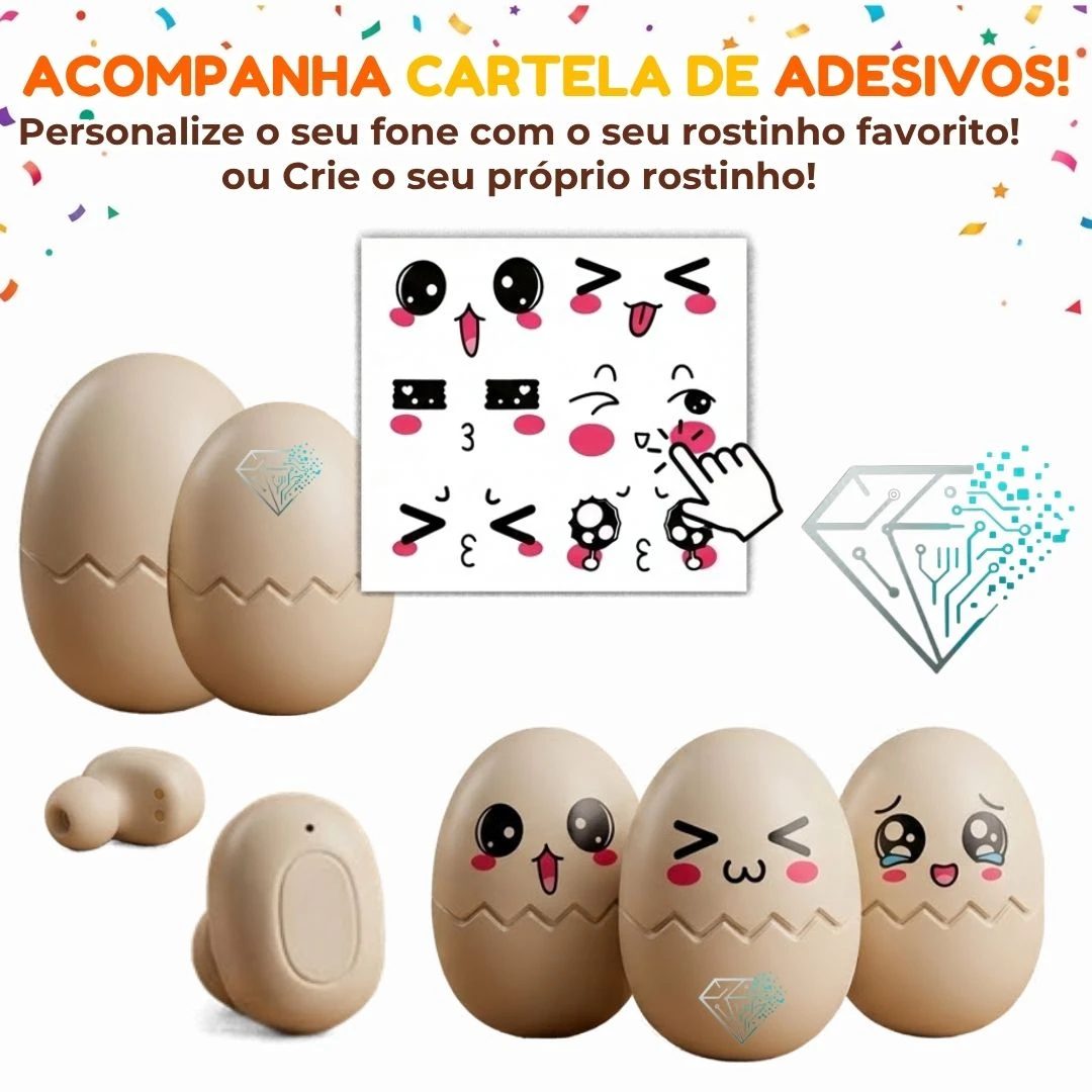 Fone de Ouvido Sem Fio TWS Formato Ovo FT-1101 + Adesivos - Som Hi-Fi - 4