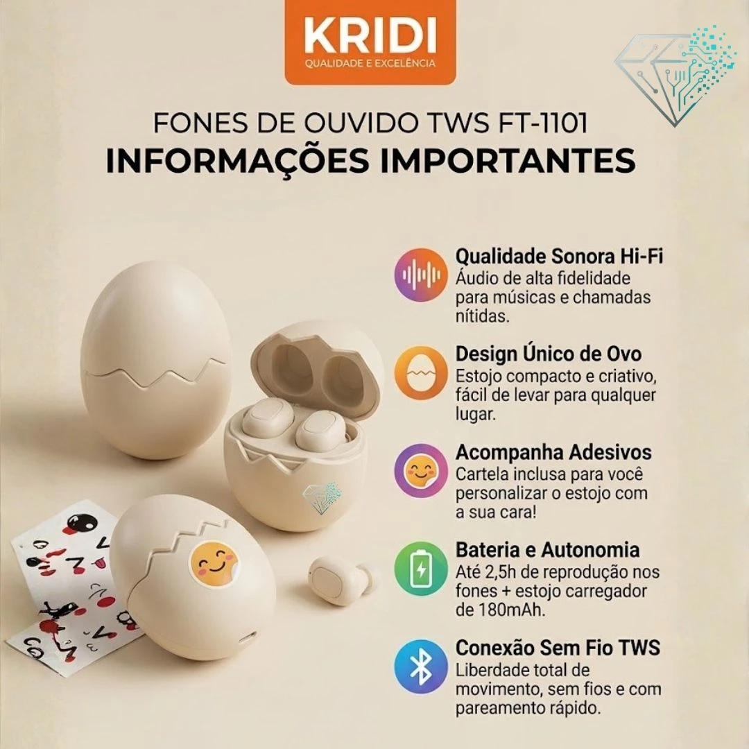 Fone de Ouvido Sem Fio TWS Formato Ovo FT-1101 + Adesivos - Som Hi-Fi - 6