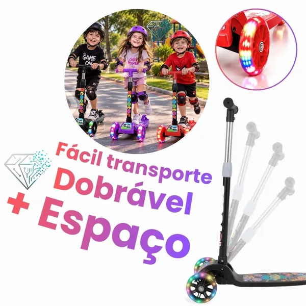 Patinete infantil 3 rodas com led ajustável scooter dobrável menino menina - imagem 4
