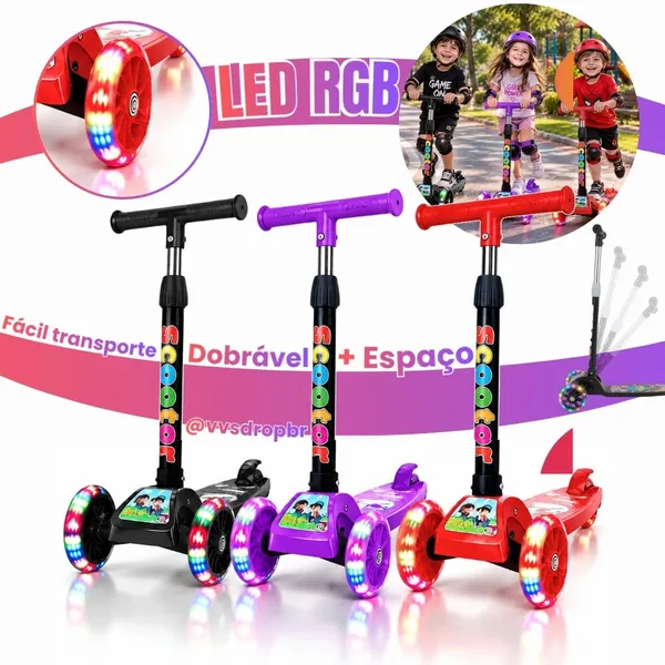 Patinete infantil 3 rodas com led ajustável scooter dobrável menino menina - imagem 1