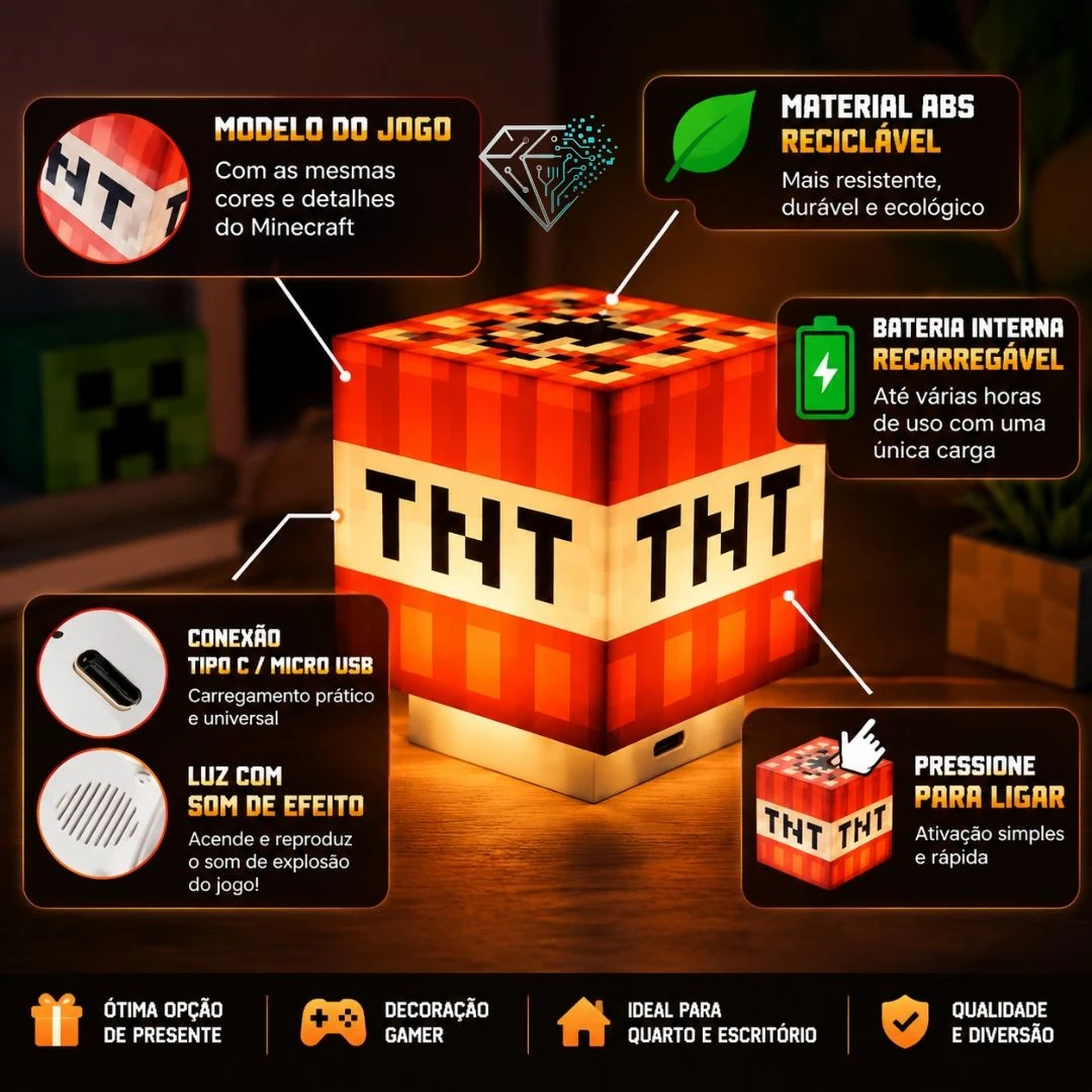 Luminária TNT Minecraft LED Noturna Toque com Som Recarregável USB Tipo C Decoração Quarto OIH-4761 - 5