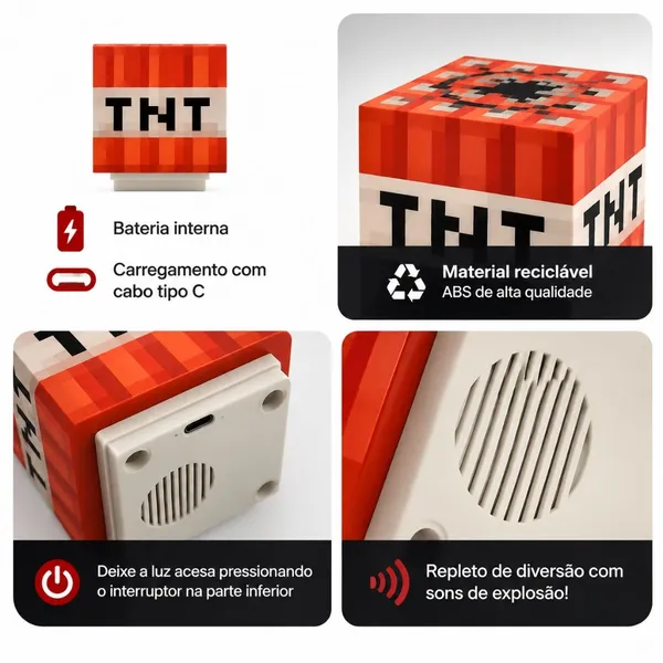 Luminária TNT Minecraft LED Noturna Toque com Som Recarregável USB Tipo C Decoração Quarto OIH-4761 - imagem 3