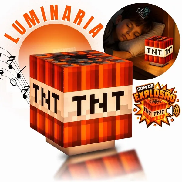 Luminária TNT Minecraft LED Noturna Toque com Som Recarregável USB Tipo C Decoração Quarto OIH-4761 - imagem 1