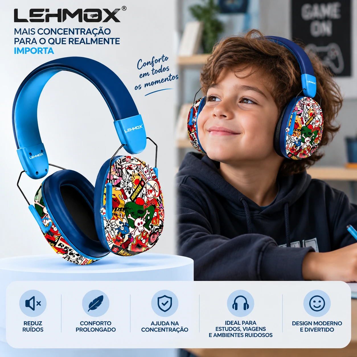 Fone Abafador De Ruido Infantil Criança Autista Tea TEA TDAH Azul - Lehmox - 7