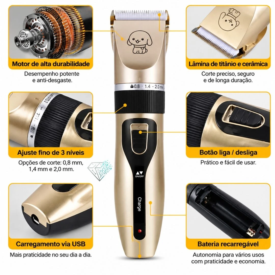 Máquina de Tosa Sem Fio Silenciosa para Cachorro e Gato Dourada Com 4 Pentes - 3