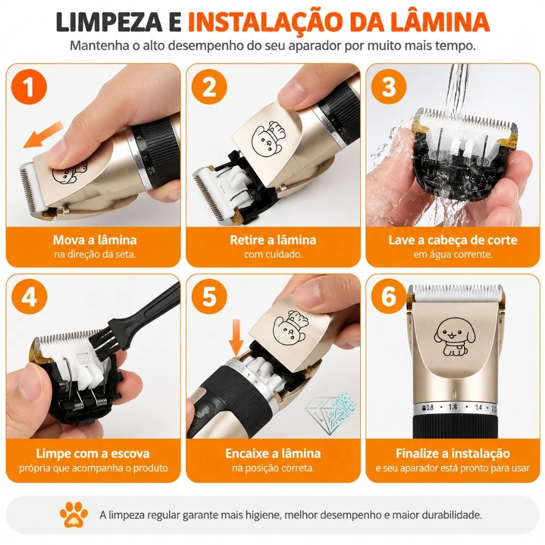 Máquina de Tosa Sem Fio Silenciosa para Cachorro e Gato Dourada Com 4 Pentes - 7