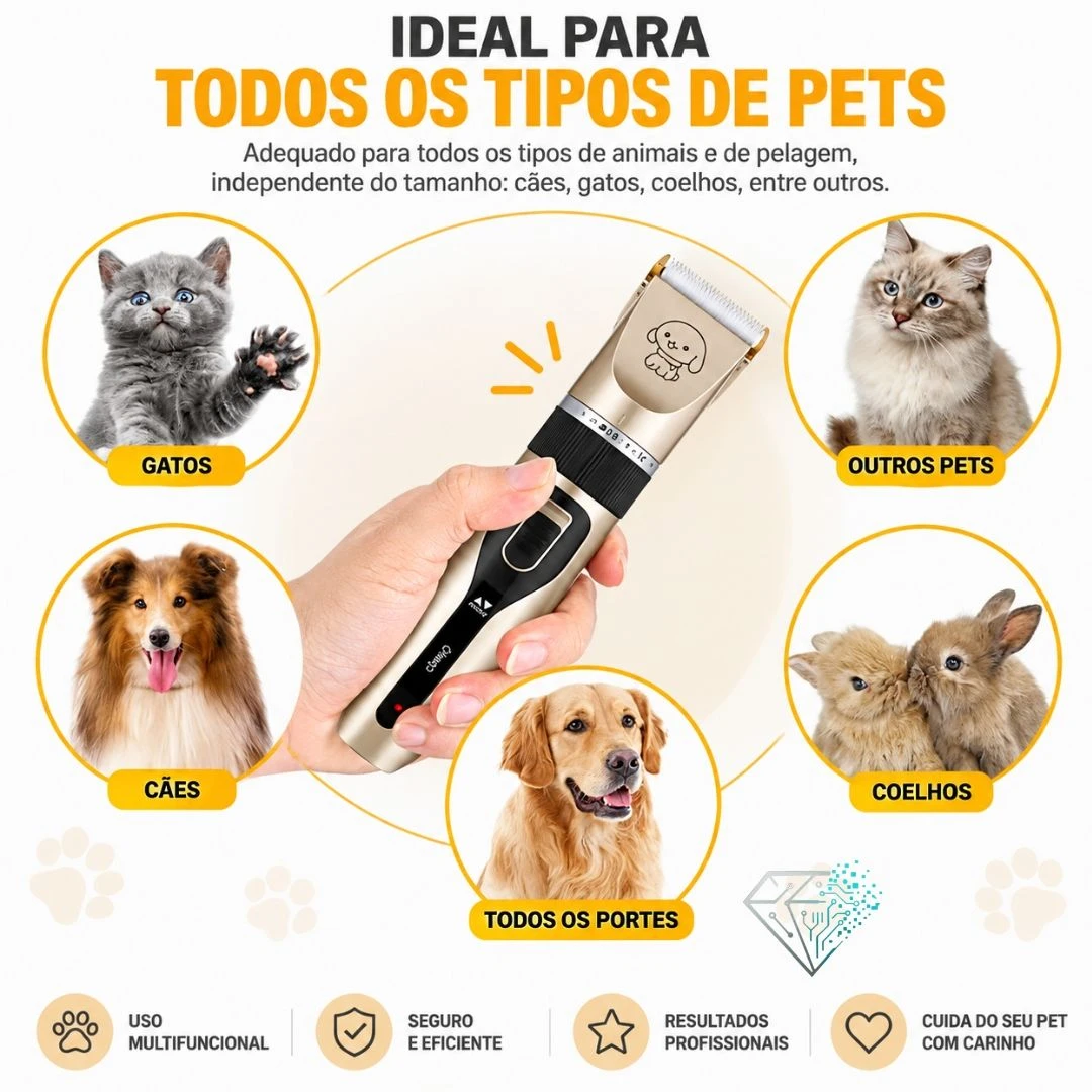 Máquina de Tosa Sem Fio Silenciosa para Cachorro e Gato Dourada Com 4 Pentes - 8