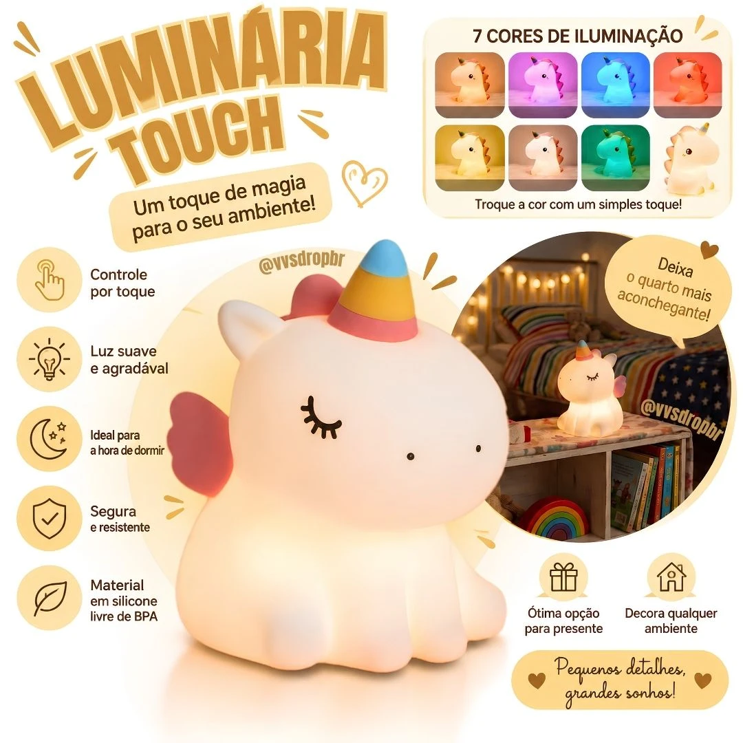 Luminária de Unicórnio Silicone Mesa Lâmpada Noturna Abajur Fofo Sensor Toque Touch Led  - 1